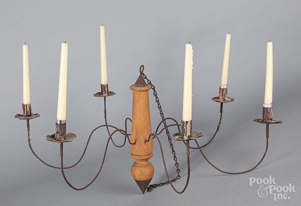 Appraisal: Painted wood and tin candle chandelier Painted wood and tin