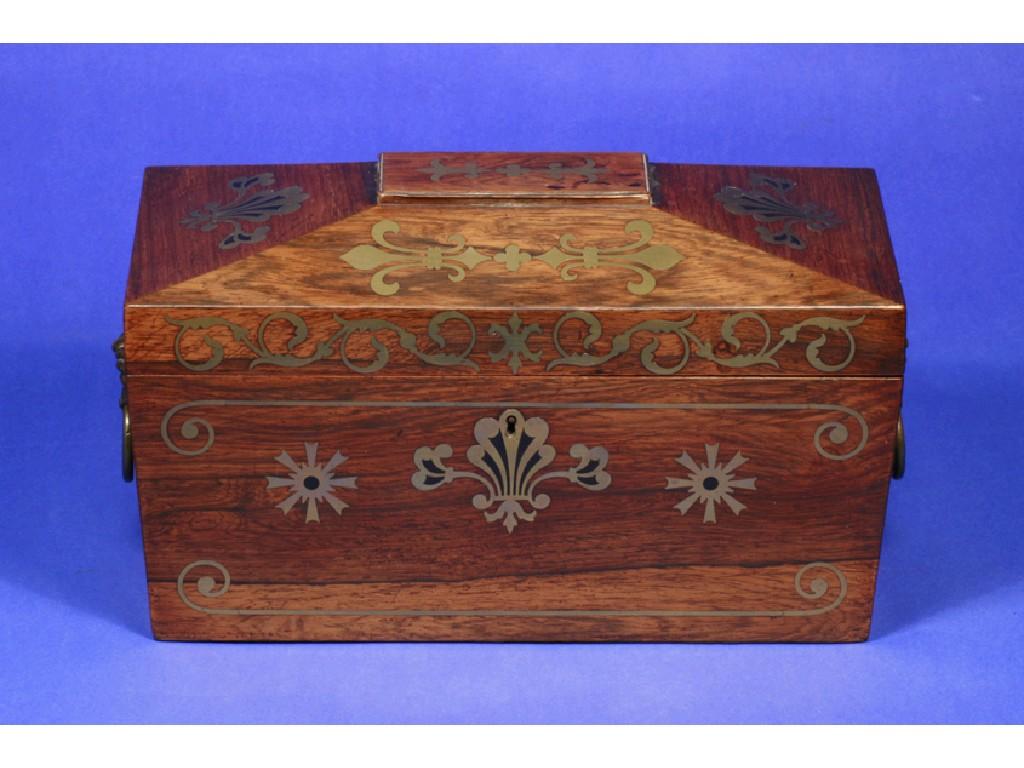 Appraisal: A REGENCY ROSEWOOD BRASS INLAID SARCOPHAGUS-SHAPED TEA CADDY the raised