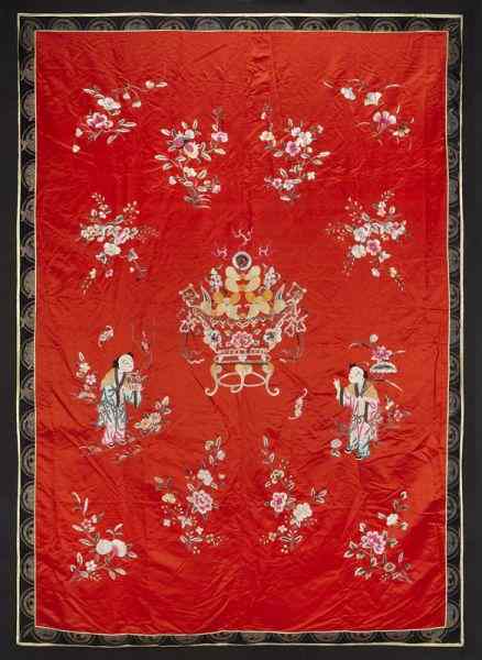 Appraisal: Chinese embroidered paneldepicting two immortals and flowers ''H x ''W