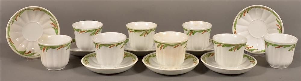 Appraisal: Green Wheat Patt Ironstone Cups Saucers Eight Green Wheat Pattern