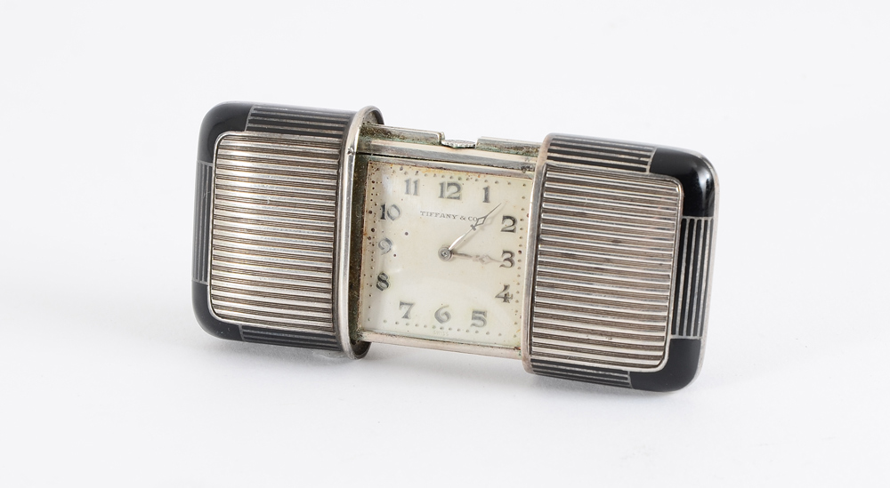 Appraisal: MOVADO FOR TIFFANY CO PURSE WATCH Silver and black enamel