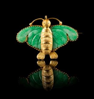 Appraisal: A Jadeite and Gold Mounted 'Butterfly' Brooch Length inches A