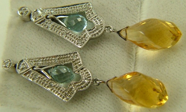 Appraisal: PAIR OF CITRINE BLUE TOPAZ AND DIAMOND PENDANT EARRINGS K