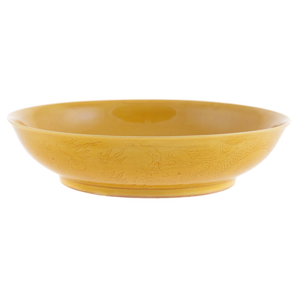 Appraisal: Chinese Yellow Glazed Incised Dragon Dish Qianlong - exterior with