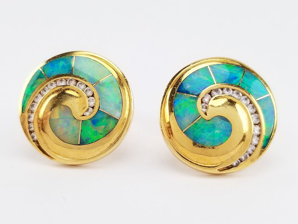 Appraisal: K Gold Nautilus Shaped Opal Inlaid Earrings K Gold Nautilus