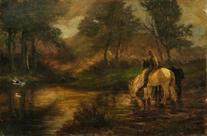 Appraisal: British School Watering the Horses Oil on canvas signed J