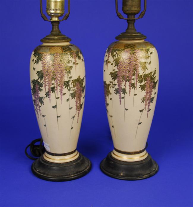 Appraisal: PAIR OF JAPANESE SATSUMA WISTERIA DECORATED VASES mounted as lamps