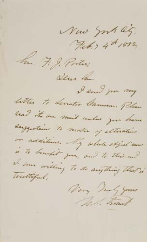 Appraisal: GRANT ULYSSES S Autograph Letter Signed to General Fitz John