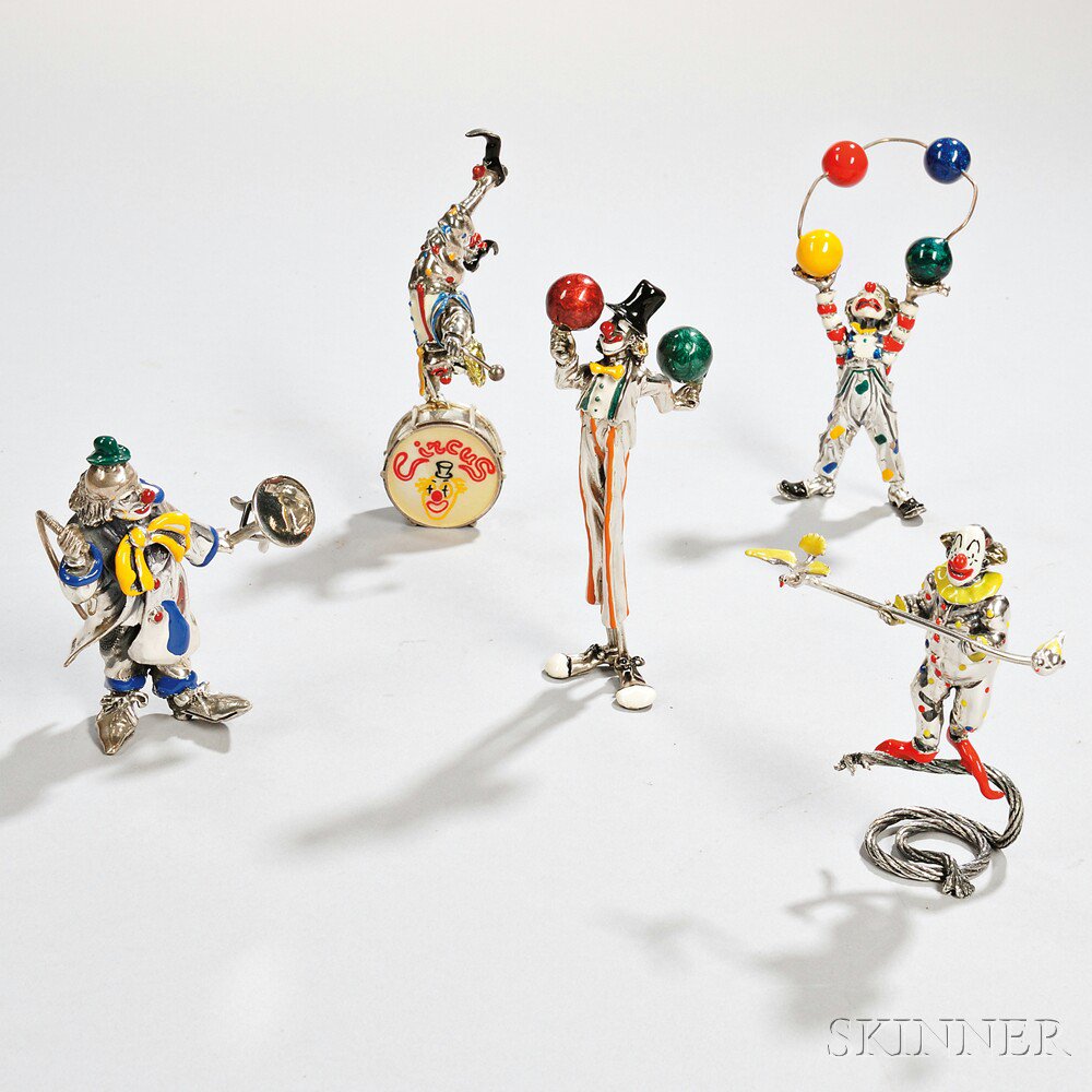 Appraisal: Five Italian Silver and Enamel Circus Figures Arezzo c Sorini