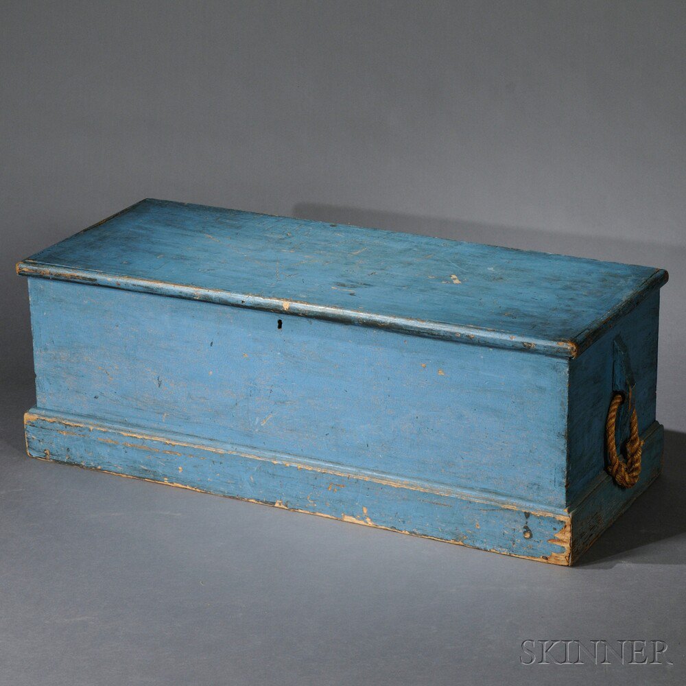 Appraisal: Blue-painted Six-board Chest New England c the lid opens to