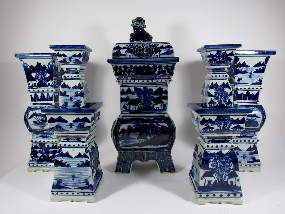 Appraisal: Blue and White Porcelain Altar Set Chinese blue glaze over