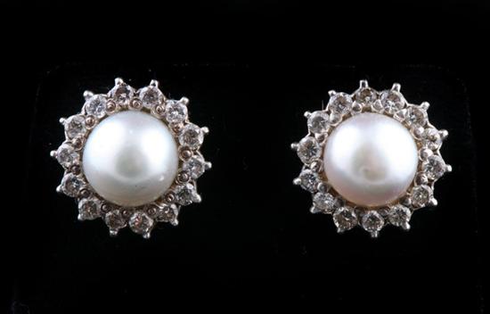 Appraisal: PAIR PLATINUM YELLOW GOLD PEARL AND DIAMOND EARRINGS Each has