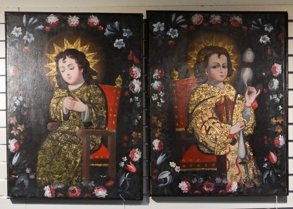 Appraisal: Spanish Colonial School th Century Young Saints Seated in Chair