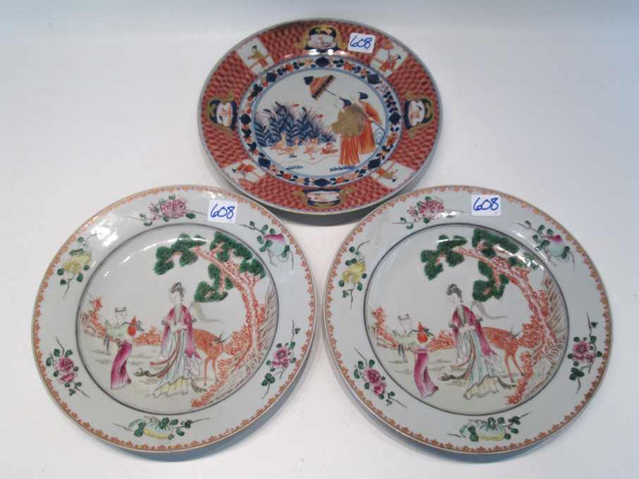 Appraisal: THREE CHINESE PORCELAIN PLATES the first pair depicting figures in