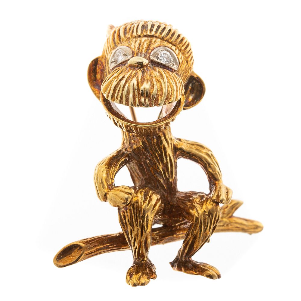 Appraisal: A Whimsical Monkey Pin with Diamond Eyes in K K