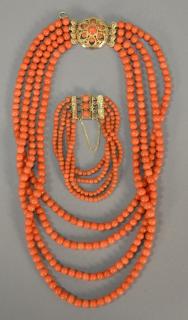 Appraisal: Chinese coral four strand beaded necklace and bracelet with gold