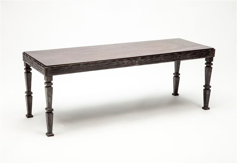 Appraisal: Narrow Low Table German c Forged steel with inset Spanish