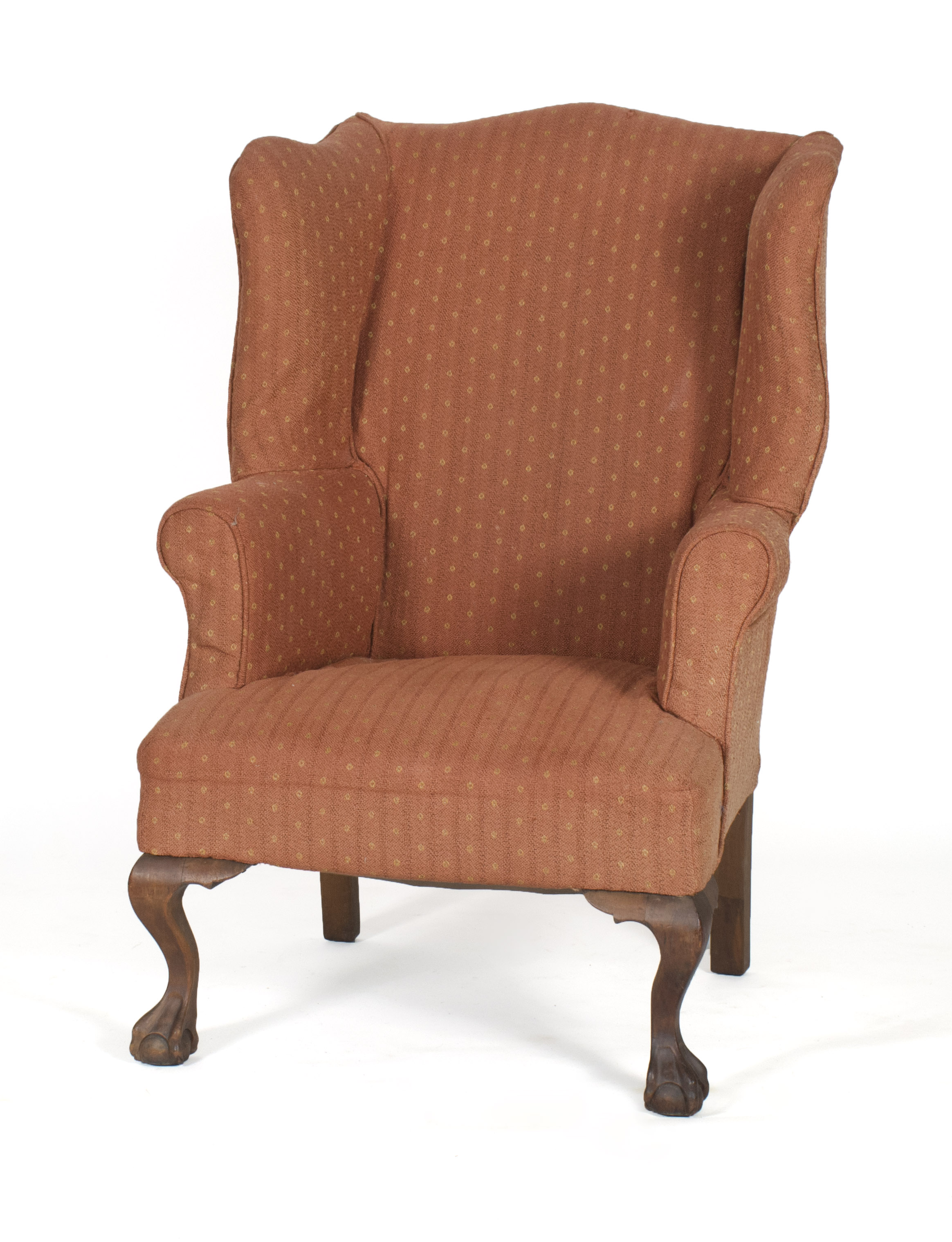 Appraisal: CHIPPENDALE-STYLE WING CHAIR Early th CenturyWith faded salmon and yellow