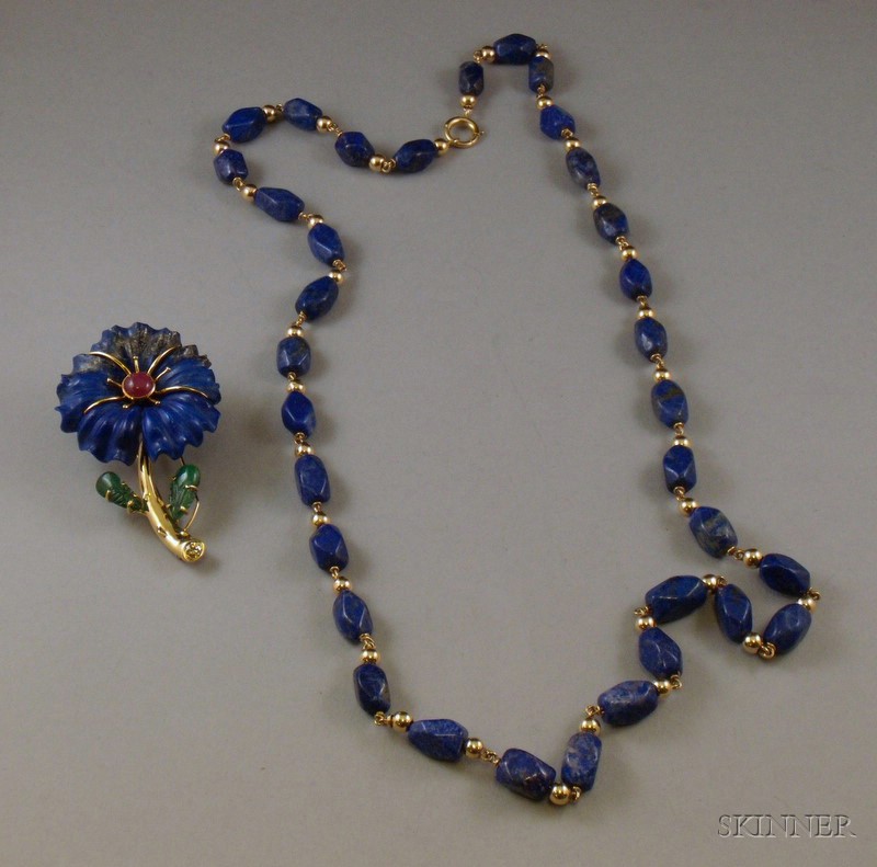 Appraisal: kt Gold and Lapis Lazuli Beaded Necklace and an kt