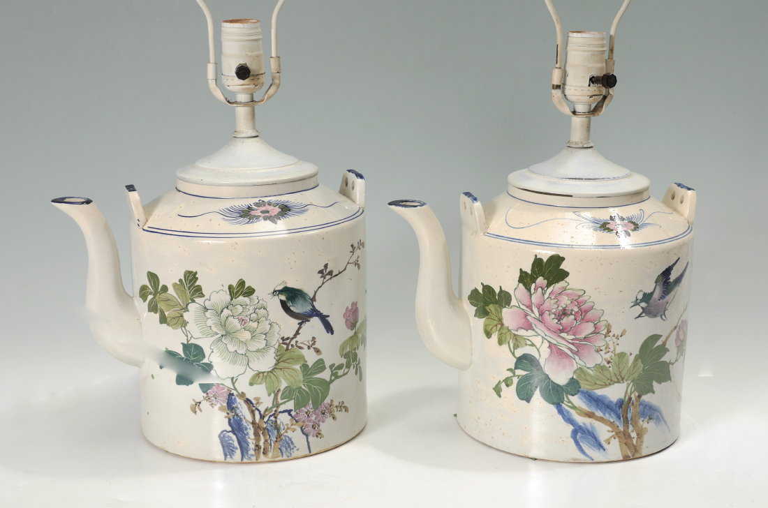 Appraisal: PAIR OF JAPANESE PAINTED PITCHER LAMPS Hand painted bird and