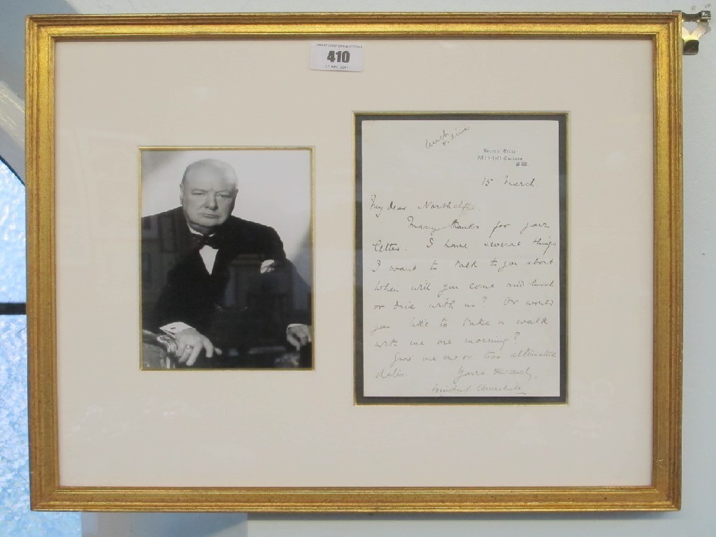 Appraisal: Framed letter hand written and signed by Winston Churchill when