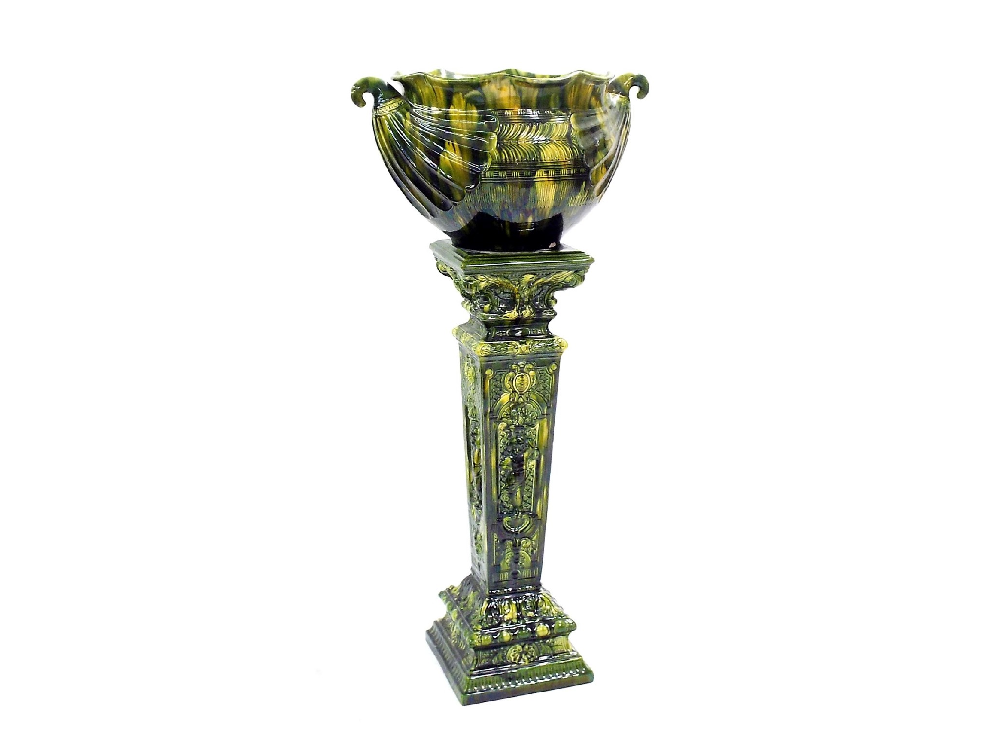 Appraisal: Large Victorian Staffordshire glazed jardiniere on stand with green lustre