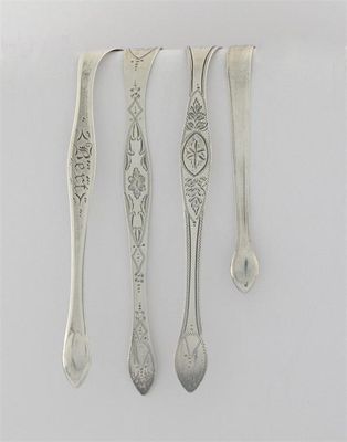 Appraisal: Two George III bright-cut and two plain pairs of tongs