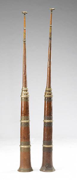 Appraisal: A pair of Himalayan copper telescoping horns Constructed in four