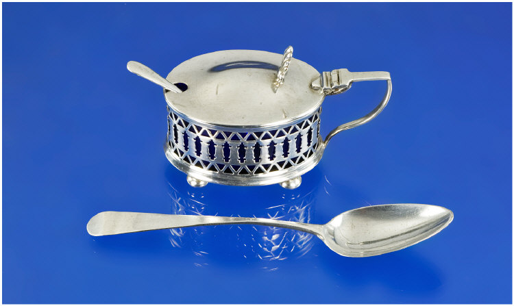 Appraisal: Silver Mustard Pot With Pierced Body Complete With Blue Liner