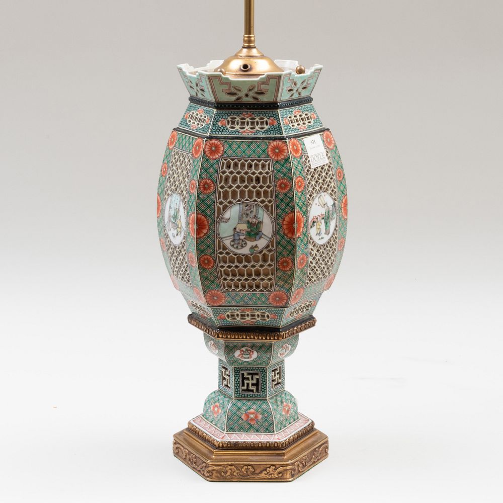 Appraisal: Chinese Export Gilt-Metal-Mounted Famille Verte Porcelain Lantern Mounted as a