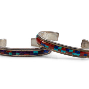 Appraisal: Alan Wallace Washoe-Maidu b Sterling Silver Cobblestone Inlay Cuff Bracelets