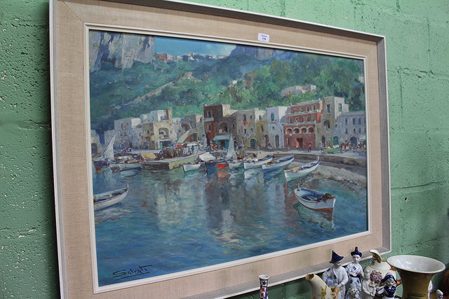 Appraisal: SALVATIA Mediterranean coastal town scene with boats oil on canvas