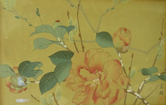 Appraisal: Vintage Japanese hand-colored lithograph depicting flowers signed and watermarked lower