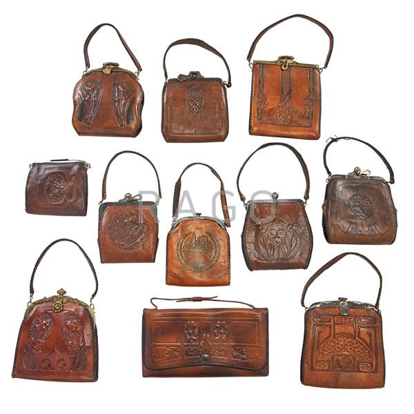 Appraisal: ARTS CRAFTS Tooled leather purses Condition Report Some with original