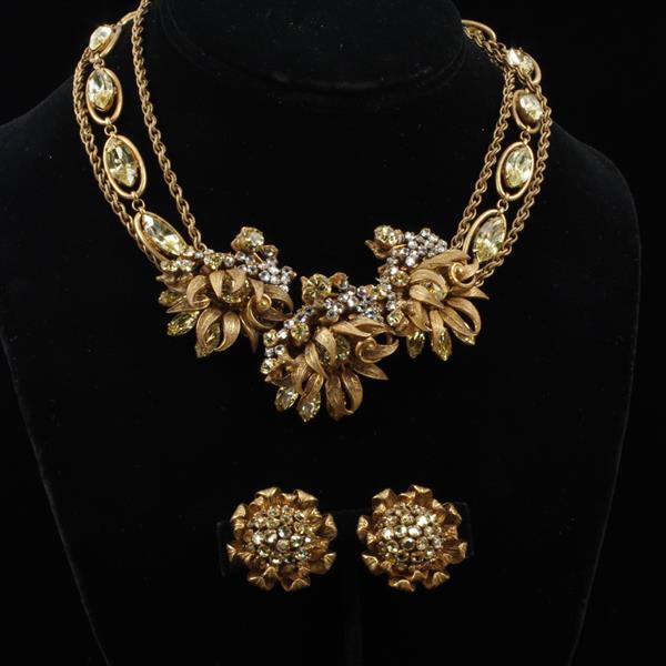 Appraisal: Miriam Haskell Rhinestone Floral Necklace with Citrine Jewels and Clip