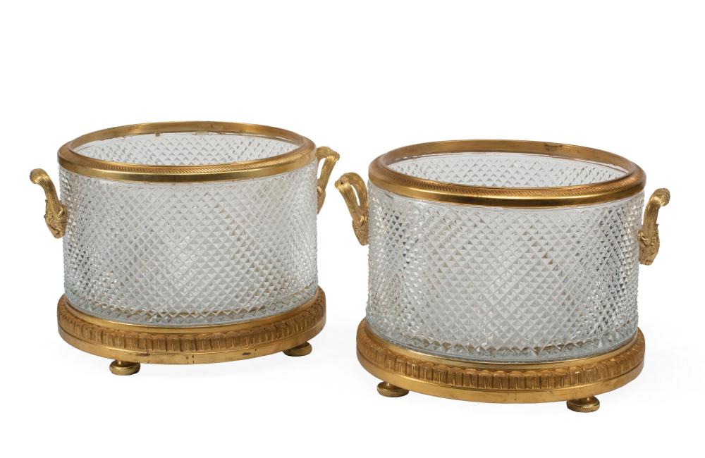 Appraisal: Pair of Baccarat-Style Bronze-Mounted Cut Crystal Jardinieres zoomorphic handles bun