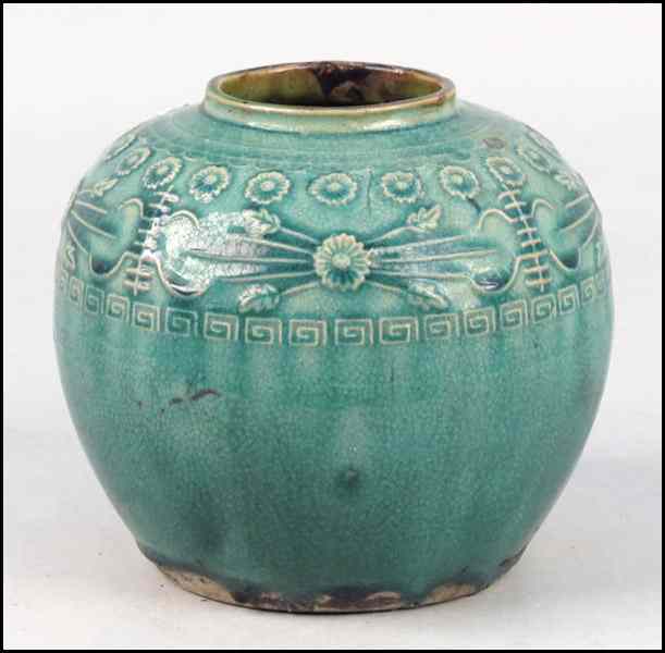 Appraisal: CHINESE GREEN GLAZED POTTERY GINGER JAR Lacking top Height ''