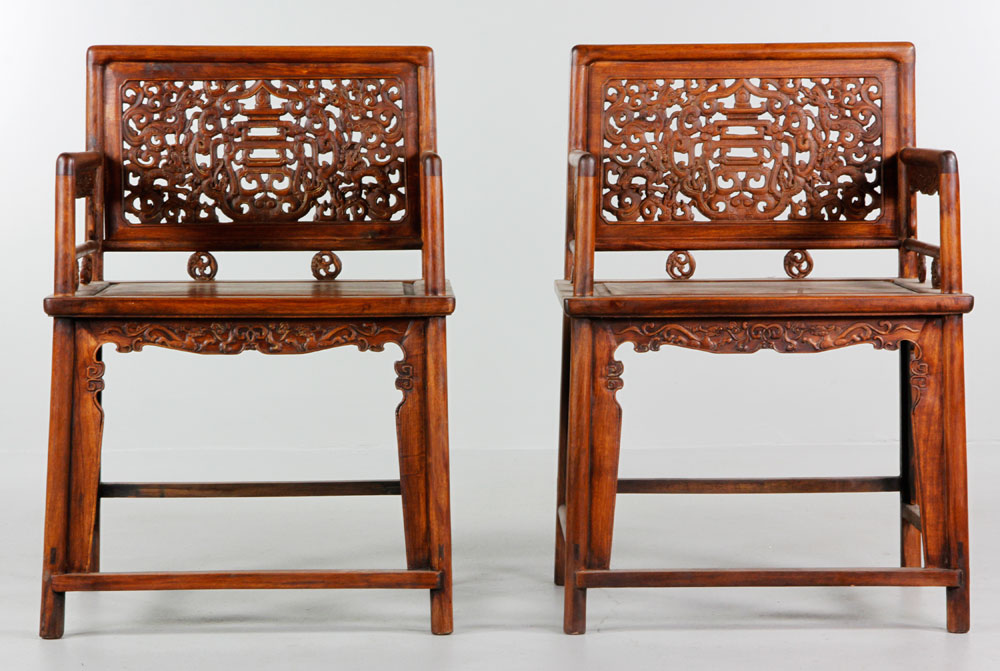 Appraisal: - Pr Chinese Huanghuali Arm Chairs Pair of Chinese arm