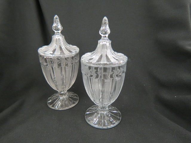 Appraisal: Pair of Heisey Glass Jars etched designs excellent