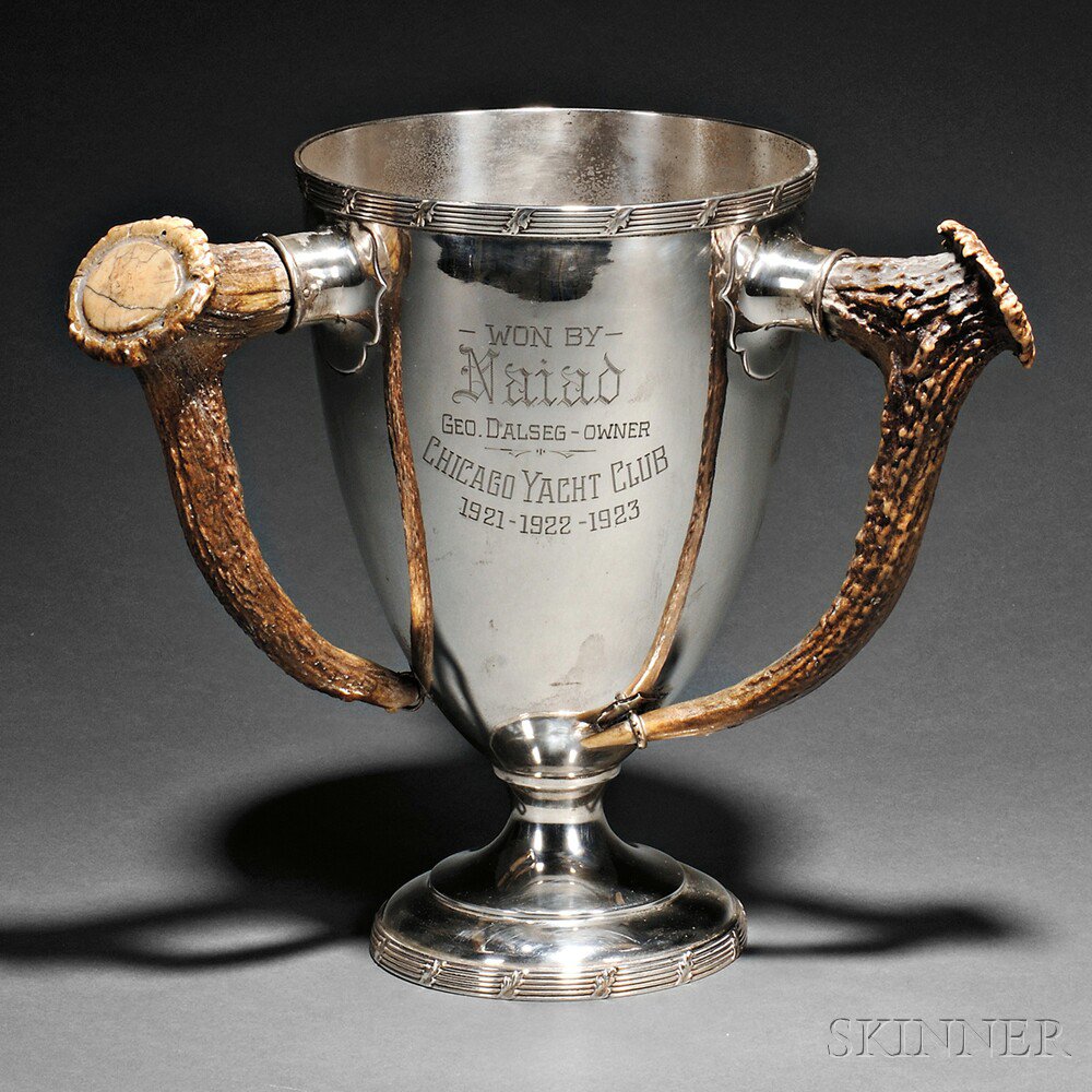 Appraisal: Meriden Britannia Co Antler-mounted Sterling Silver Chicago Yacht Club Trophy