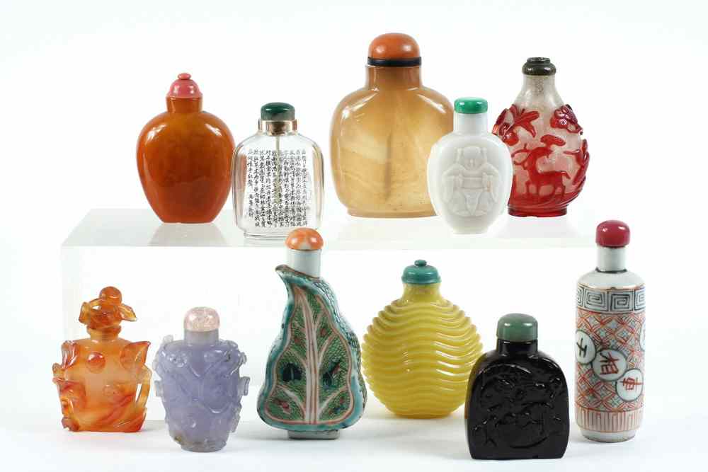 Appraisal: CHINESE SNUFF BOTTLES - Including Cylinder shaped porcelain with polychrome