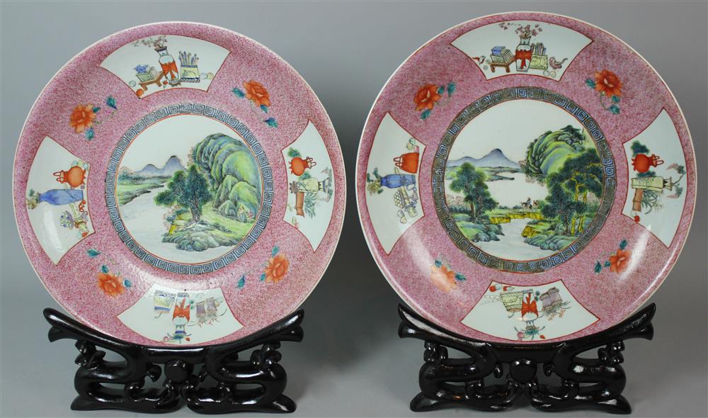 Appraisal: PAIR OF CHINESE FAMILLE ROSE CHARGERS QIANLONG FOUR-CHARACTER MARK IN