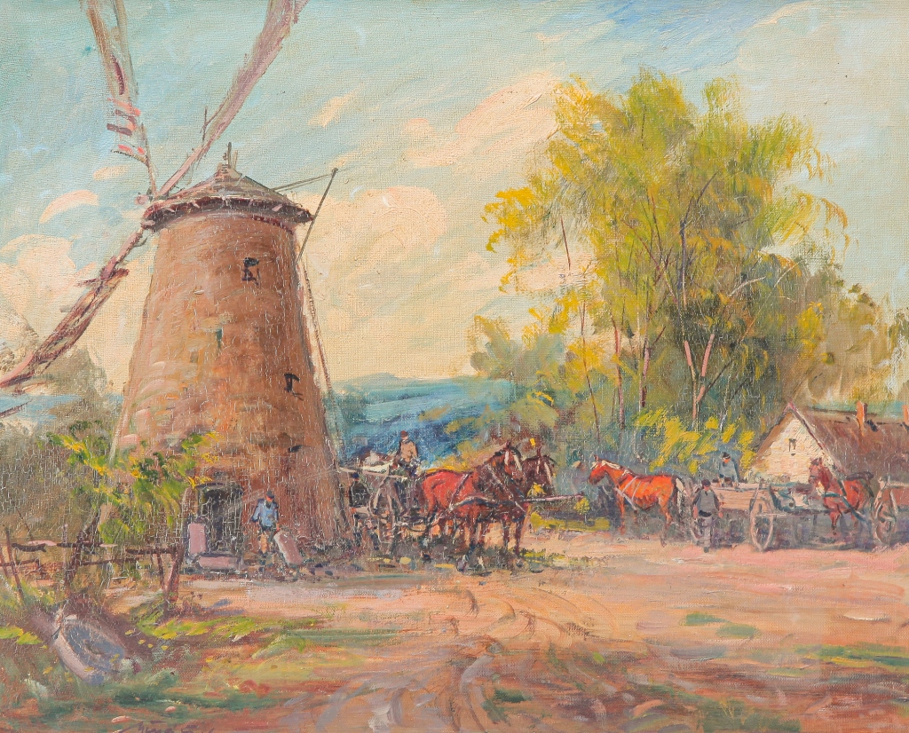 Appraisal: WINDMILL WITH FARM WAGONS European nd half th century Oil