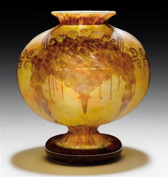 Appraisal: SCHNEIDER MUSCATS VASE circa Acid-etched yellow glass with brown overlay