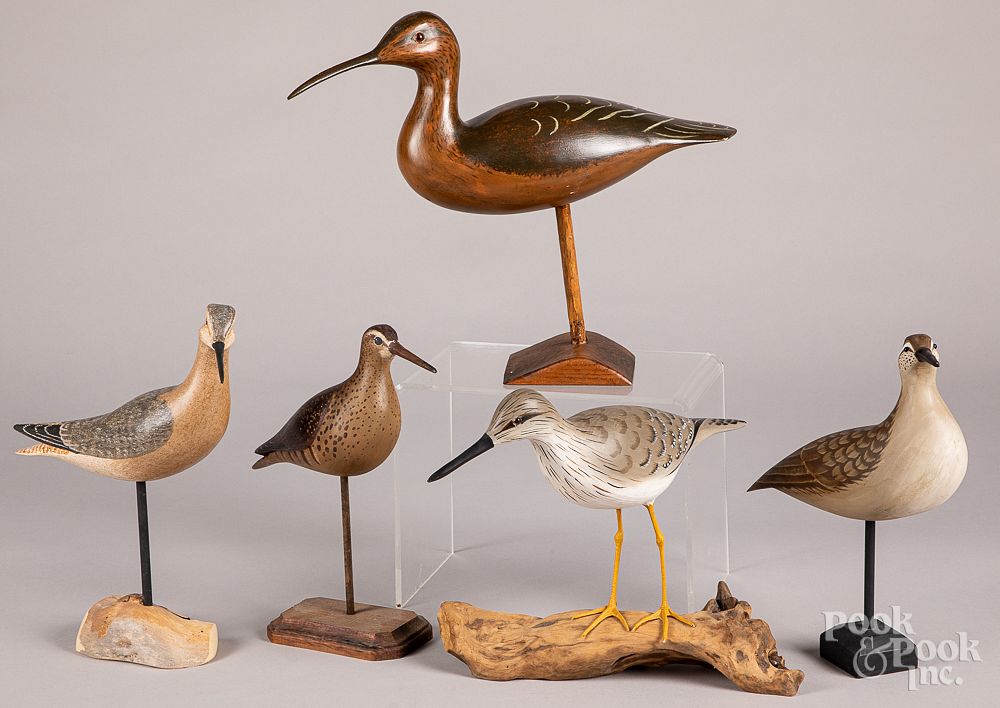 Appraisal: Five carved and painted shorebird decoys Five carved and painted