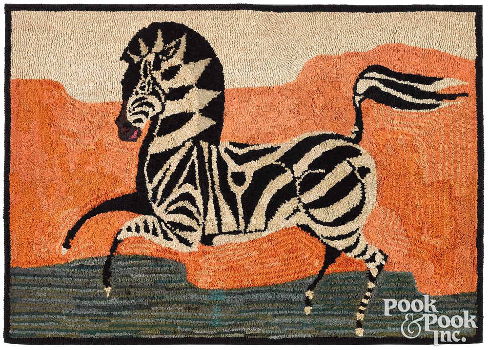 Appraisal: American hooked rug of a zebra American hooked rug of