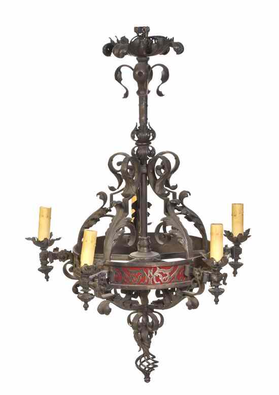 Appraisal: A Renaissance Style Wrought Iron and Tole Five-Light Chandelier of