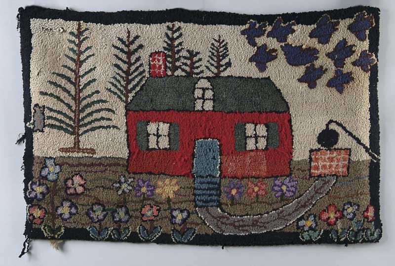 Appraisal: FOLK ART HOOKED RUG Small single chimney red house has