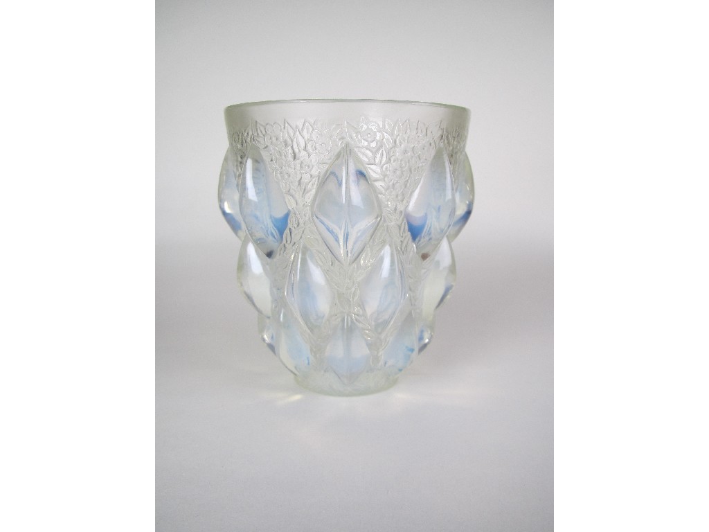 Appraisal: A Rene Lalique opalescent glass vase moulded with Rampillon pattern