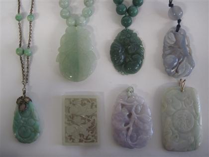 Appraisal: Assorted Chinese jade and hardstone pendantsComprising two beaded jade strands